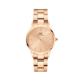 Rose gold ladies watch with a 28mm case, featuring a polished rose gold link bracelet and a matching minimalist rose gold dial, designed for a sleek and modern look.