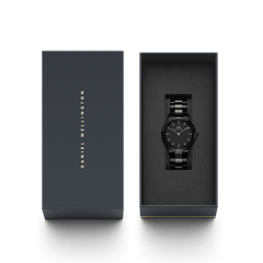 Iconic Link Ceramic watch presented in its branded gift box, featuring a sleek black ceramic bracelet and minimalist dial, ideal for gifting or adding to a collection.
