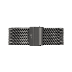 Graphite grey stainless steel mesh strap with a secure clasp, designed for the Classic Mesh Graphite watch, highlighting its adjustable and breathable construction.