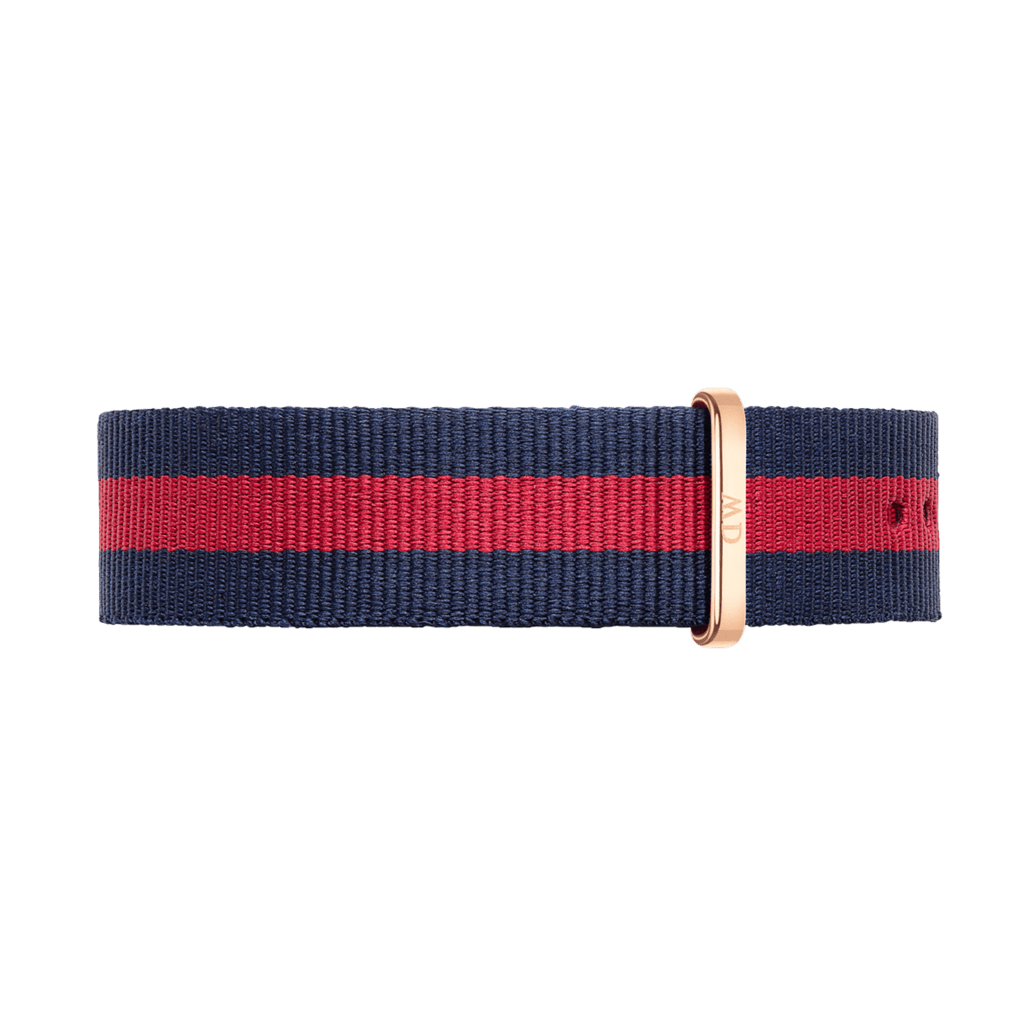 Navy blue and red striped Oxford Strap Rose Gold watch strap with a polished rose gold buckle, crafted from durable polyester in a classic NATO style.