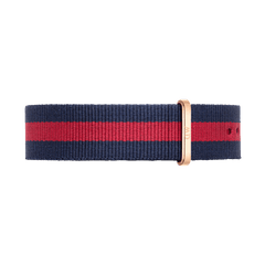 Navy blue and red striped Oxford Strap Rose Gold watch strap with a polished rose gold buckle, crafted from durable polyester in a classic NATO style.