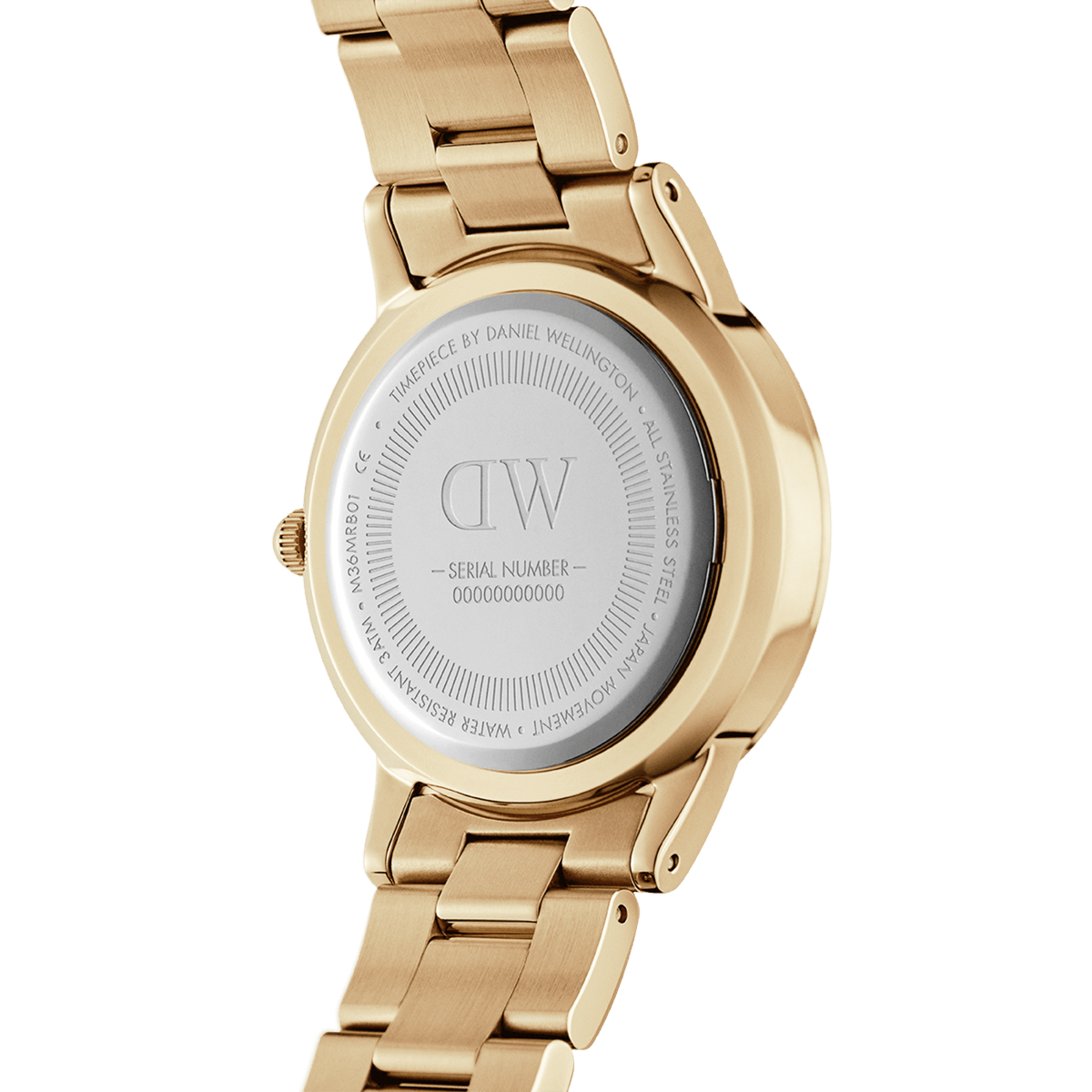 Back view of the Daniel Wellington Iconic Link Unitone G gold watch, showing the stainless steel case back, engraved branding, and polished gold link bracelet.