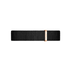 Black NATO fabric strap with a rose gold buckle, designed for the Petite Cornwall Black Rose Gold women’s watch, offering a comfortable and adjustable fit.