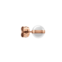 Close-up side view of the Aspiration Earrings Rose Gold Satin White, highlighting the satin white ceramic sphere, rose gold plated band with engraved branding, and the secure stud fastening.