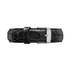 Wide Reading Strap Silver leather watch strap in black with a croc-embossed finish and a polished silver buckle, ideal for upgrading the look of your Daniel Wellington watch.