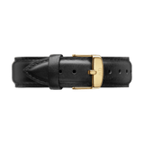 Sheffield Strap Gold features a classic black genuine leather strap with detailed stitching and a gold-tone buckle, ideal for updating both men's and women's watches with a sophisticated look.