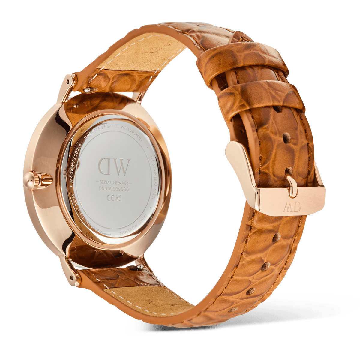 Rear view of the Classic Roman Numerals Date Light Brown Croc Belly Rose Gold watch, showing the rose gold case, engraved case back, and light brown croc-embossed leather strap with a matching rose gold pin buckle.