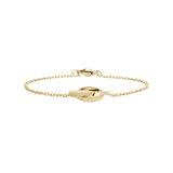 Delicate gold Elan Unity Bracelet featuring a fine chain and two interlocking rings with engraved detailing, crafted from stainless steel with a polished PVD gold finish.
