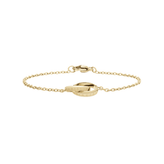 Delicate gold Elan Unity Bracelet featuring a fine chain and two interlocking rings with engraved detailing, crafted from stainless steel with a polished PVD gold finish.