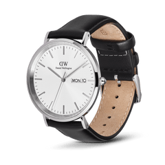 Classic Day Display Sheffield Silver men’s watch with a white textured dial, day and date window, silver stainless steel case, and a black genuine leather strap with white stitching.