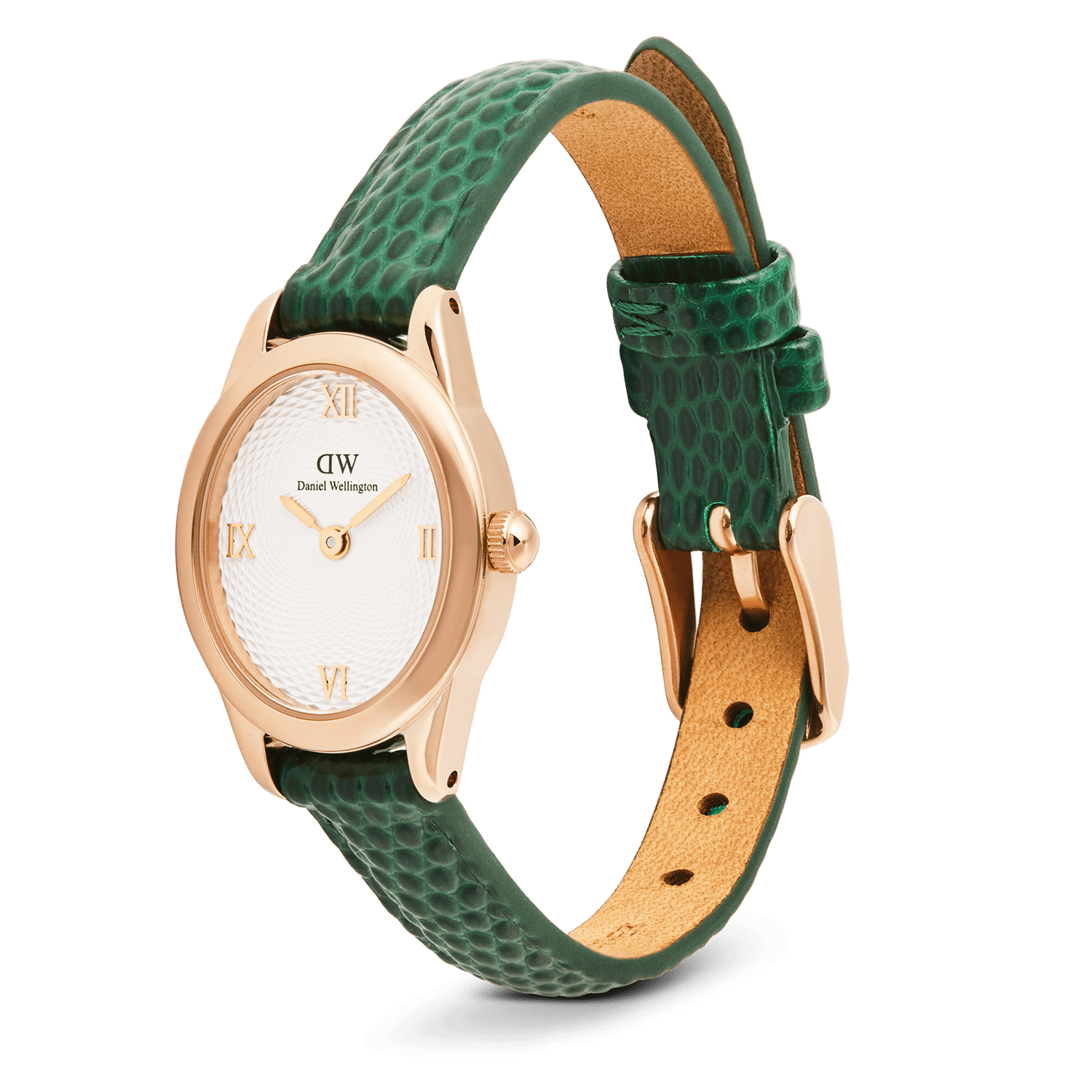 Ophelia Mini Green Lizard White Guilloché Rose Gold watch with a slim oval rose gold case, white textured guilloché dial, and an adjustable green lizard embossed leather strap.