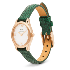 Ophelia Mini Green Lizard White Guilloché Rose Gold watch with a slim oval rose gold case, white textured guilloché dial, and an adjustable green lizard embossed leather strap.