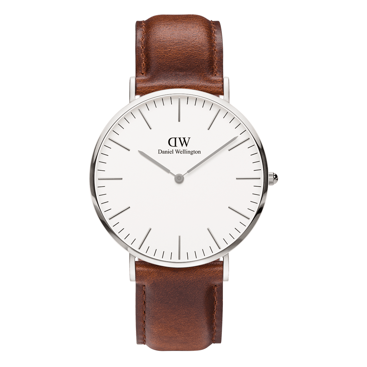 Classic St Mawes Silver watch with a polished silver case, minimalist eggshell white dial, and brown leather strap, showcasing a refined and versatile design suitable for everyday wear.