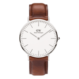 Classic St Mawes Silver watch with a polished silver case, minimalist eggshell white dial, and brown leather strap, showcasing a refined and versatile design suitable for everyday wear.