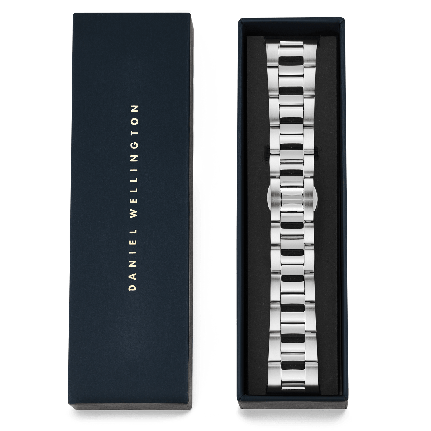 Smartwatch Iconic Link Silver strap with brushed and polished stainless steel links, presented in a Daniel Wellington gift box, ready for use as a replacement or thoughtful gift.