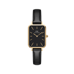 Quadro Pressed Sheffield Black Gold ladies watch featuring a rectangular gold stainless steel case, minimalist black dial with gold markers, and a slim black leather strap.