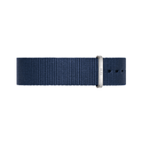 Bayswater Strap Silver features a deep navy blue NATO style polyester band with a polished silver buckle and multiple adjustment holes, offering a refined and versatile look for both men's and women's watches.