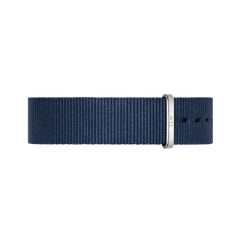 Bayswater Strap Silver features a deep navy blue NATO style polyester band with a polished silver buckle and multiple adjustment holes, offering a refined and versatile look for both men's and women's watches.