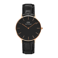 Classic Reading Black Rose Gold watch featuring a slim rose gold case, minimalist black dial, and genuine black croc-embossed leather strap for a refined, versatile look.