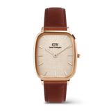 Men’s Marlon St Mawes Linen Rose Gold watch featuring a rectangular rose gold case, linen-textured dial, minimalist markers, and a brown leather strap with visible stitching.