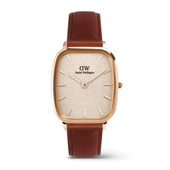 Men’s Marlon St Mawes Linen Rose Gold watch featuring a rectangular rose gold case, linen-textured dial, minimalist markers, and a brown leather strap with visible stitching.