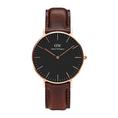 Classic Bristol Black Rose Gold watch featuring a minimalist black dial, slim rose gold case, and a dark brown genuine leather strap, designed for versatile everyday wear.