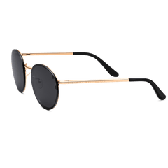 Arch Steel Black sunglasses featuring round black nylon lenses, a rose gold plated stainless steel frame, slim black arms, and subtle Daniel Wellington branding along the side.