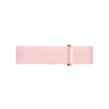 Soft pink Coral Strap Rose Gold watch strap with a slim NATO style and rose gold buckle, designed for petite watches and made from recycled polyester for comfortable daily wear.