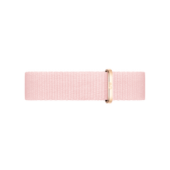 Soft pink Coral Strap Rose Gold watch strap with a slim NATO style and rose gold buckle, designed for petite watches and made from recycled polyester for comfortable daily wear.