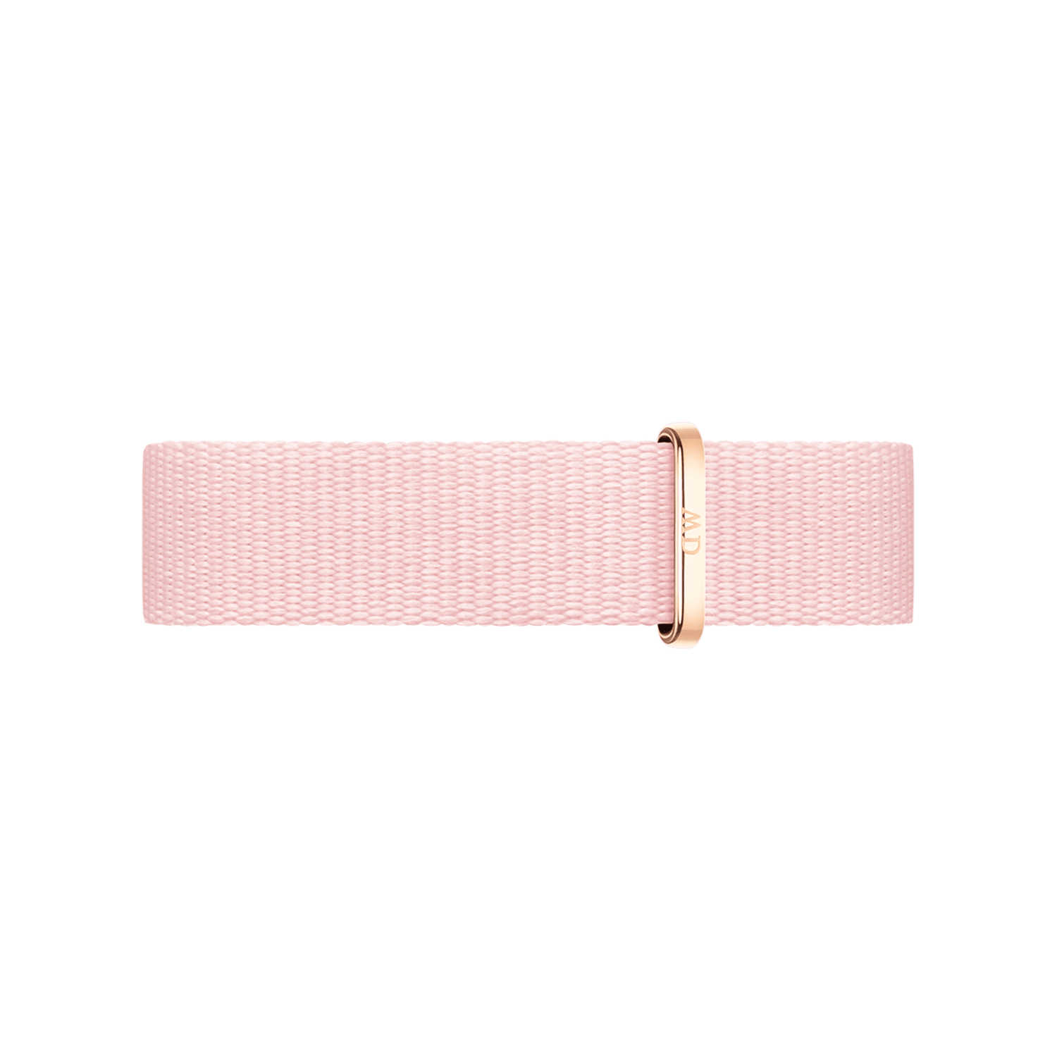 Soft pink NATO style watch strap made from recycled polyester, featuring a rose gold buckle and textured fabric, designed for Daniel Wellington watches.