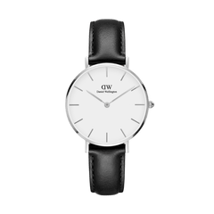 Petite Sheffield Silver ladies watch with a polished stainless steel case, minimalist eggshell white dial, and slim black genuine leather strap, ideal for everyday wear and versatile styling.