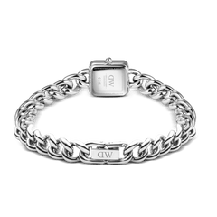 Back view of the Jolie Chain Silver ladies watch, showing the polished silver chain bracelet, secure foldover clasp, and engraved stainless steel case.