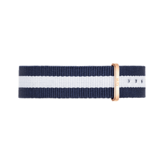Classic Glasgow Rose Gold NATO strap in blue and white striped polyester with a rose gold buckle, designed for comfort and a nautical-inspired look.