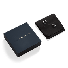 Daniel Wellington 5-Link Earrings Silver displayed on a black pouch next to a branded gift box, highlighting the geometric link design and polished finish.