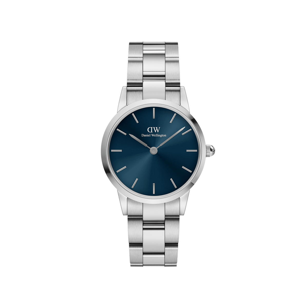 Iconic Link Arctic Silver wristwatch with a stainless steel adjustable bracelet and a deep blue round dial, featuring minimalist hour markers and a sleek, modern design.