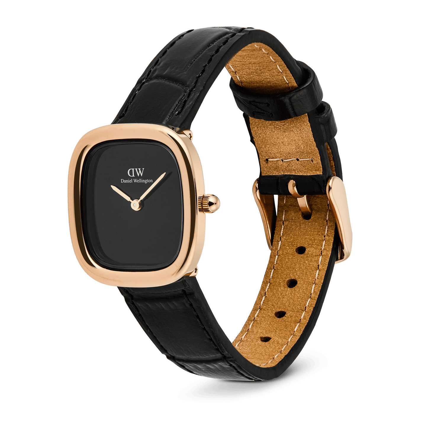 Margot Reading Onyx Ceramic Rose Gold ladies watch with a rectangular rose gold case, minimalist black dial, and pressed croc black leather strap, shown with an adjustable pin buckle for a comfortable fit.