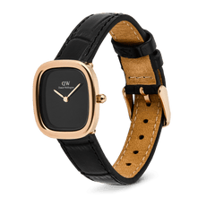 Margot Reading Onyx Ceramic Rose Gold ladies watch with a rectangular rose gold case, minimalist black dial, and pressed croc black leather strap, shown with an adjustable pin buckle for a comfortable fit.