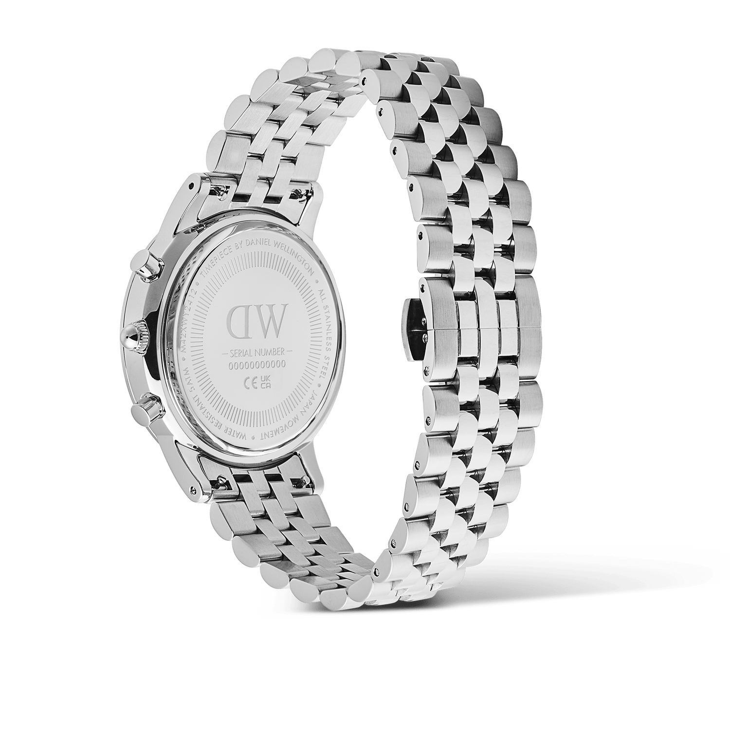 Rear view of the Iconic Chronograph Arch 5-Link Off-White Panda Silver men's watch, showing the brushed stainless steel bracelet, butterfly clasp, and engraved case back detailing.