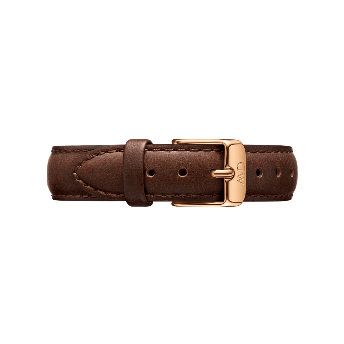 Genuine brown leather watch strap with fine stitching and a polished rose gold buckle, ideal for updating smaller watch faces with a classic, elegant look.