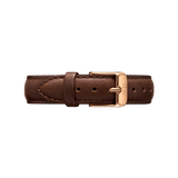 Genuine brown leather watch strap with fine stitching and a polished rose gold buckle, ideal for updating smaller watch faces with a classic, elegant look.