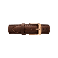 Genuine brown leather watch strap with fine stitching and a polished rose gold buckle, ideal for updating smaller watch faces with a classic, elegant look.