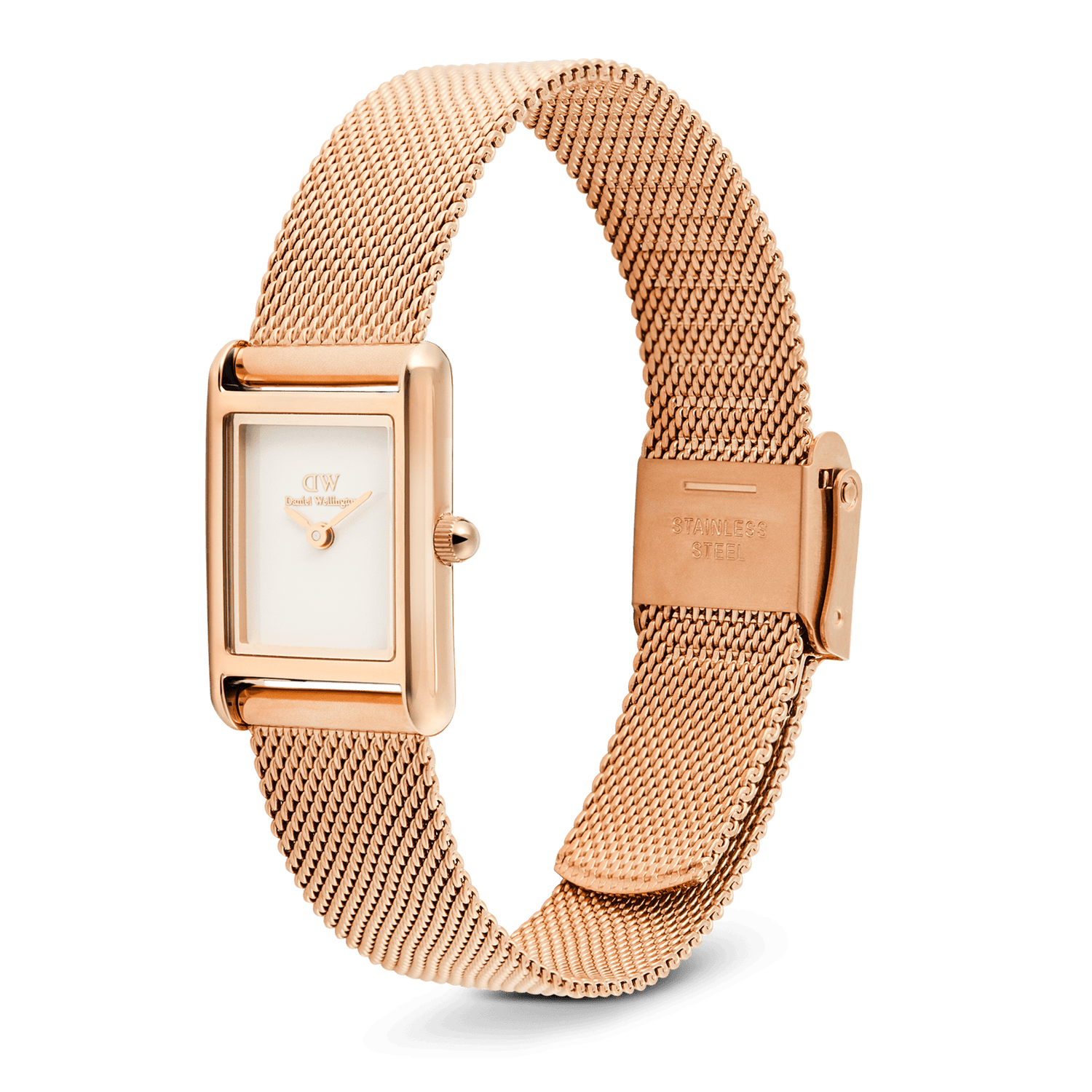 Bound Mini Melrose rose gold watch with a rectangular case, crisp white dial, and adjustable mesh strap made from stainless steel, shown with the fold-over clasp for a secure fit.
