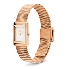 Bound Mini Melrose rose gold watch with a rectangular case, crisp white dial, and adjustable mesh strap made from stainless steel, shown with the fold-over clasp for a secure fit.