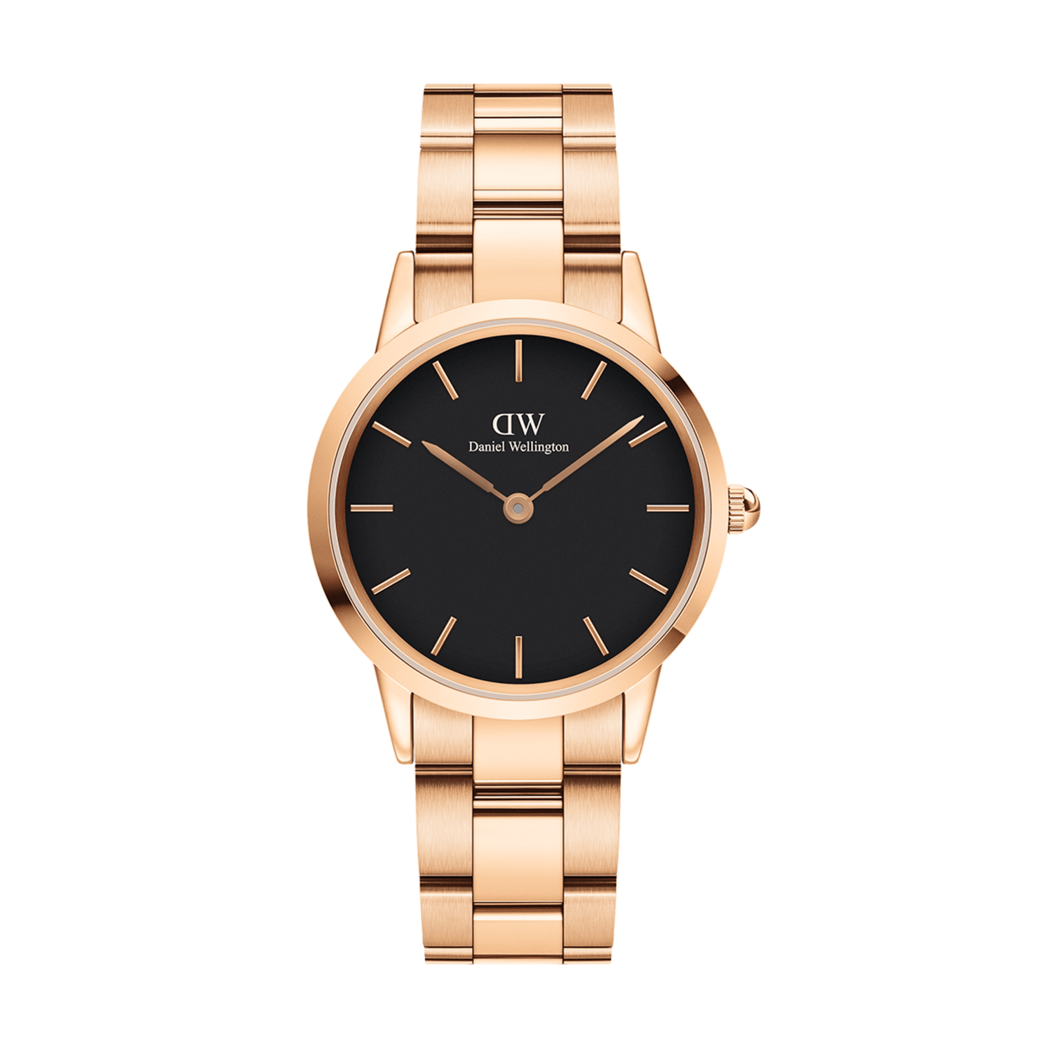 Iconic Link Black Rose Gold watch by Daniel Wellington featuring a matte black dial, rose gold stainless steel case, and a matching adjustable bracelet strap.
