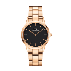 Iconic Link Black Rose Gold watch by Daniel Wellington featuring a matte black dial, rose gold stainless steel case, and a matching adjustable bracelet strap.