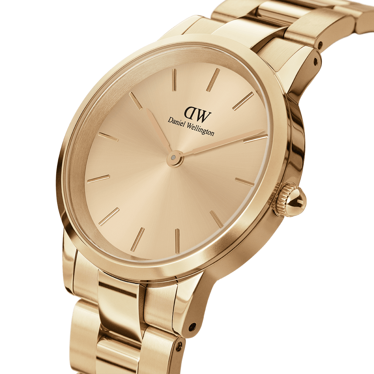 Close-up of the Daniel Wellington Iconic Link Unitone G gold watch, showing its minimalist gold dial, slim gold markers, and polished stainless steel link bracelet.