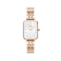 Quadro Lumine 5 Link Melrose White MoP Rose Gold ladies watch with a rectangular rose gold case, white mother of pearl dial, crystal hour markers, and a slim 5-link rose gold bracelet.