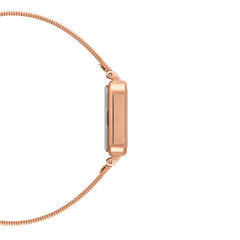 Side profile view of the Quadro Studio Rose Gold watch showing its slim square case and sleek rose gold piano link strap, highlighting its lightweight and comfortable design for women.