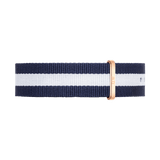 Glasgow Strap Rose Gold features a navy blue and white striped NATO style design with a rose gold buckle, made from durable polyester for a comfortable and stylish watch upgrade.