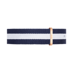 Glasgow Strap Rose Gold features a navy blue and white striped NATO style design with a rose gold buckle, made from durable polyester for a comfortable and stylish watch upgrade.